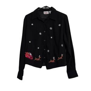 Petite Christmas Shirt Black Button Down Santa Sleigh Reindeer Embroidered Top